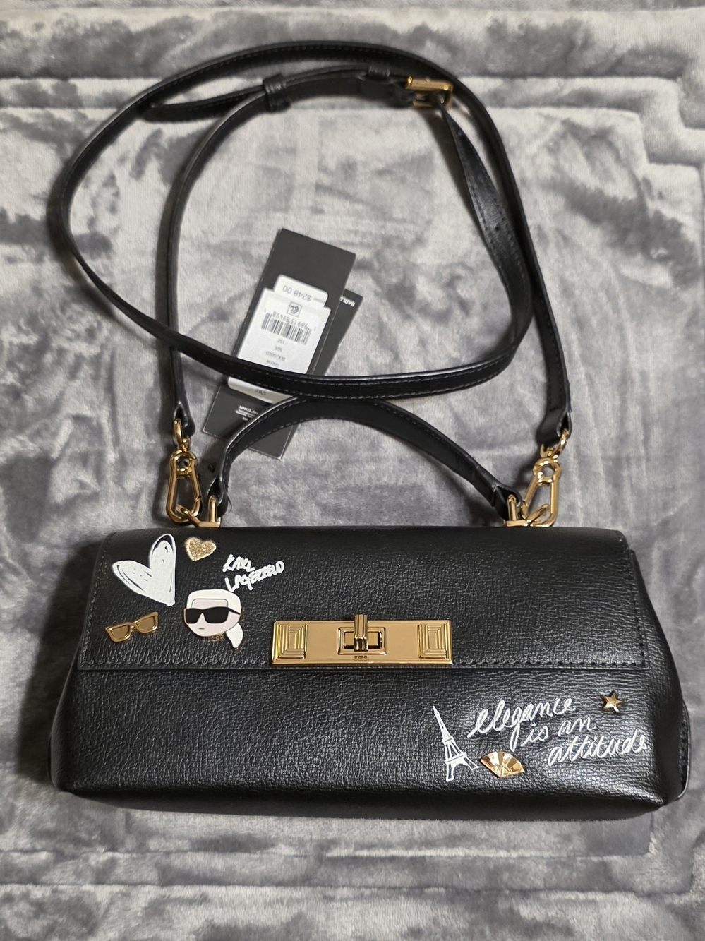 Karl Lagerfeld Leather Black Embellished Crossbody Purse with Gold Hardware NWT